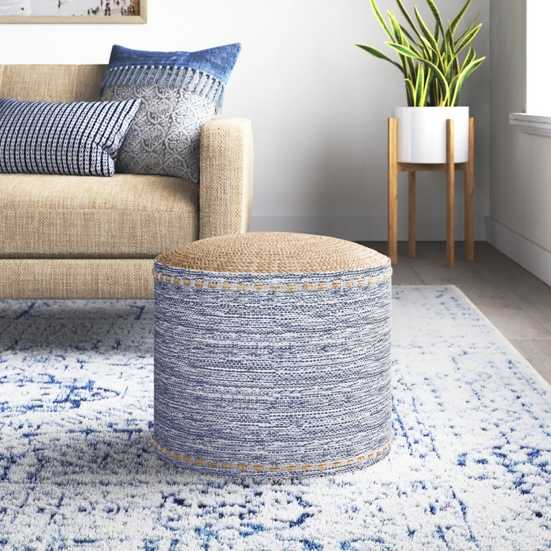 Baugh Upholstered Pouf, Navy Blue/Light Brown