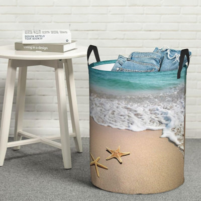 Laundry Basket Beach Starfish Room Decor,Round Laundry Hamper Waterproof Dirty Clothes Hamper Collapsible Laundry Baskets With Handles,Toy/Clothes Storage Beach Towel Basket For Dorm Bathroom Décor