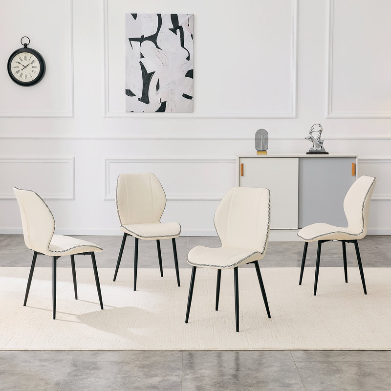 Ensemble de 4 chaises de salle à manger en cuir de polyuréthane blanc moderne de 18,5 po avec coutures contrastantes et pieds réglables pour la salle à manger, petits espaces