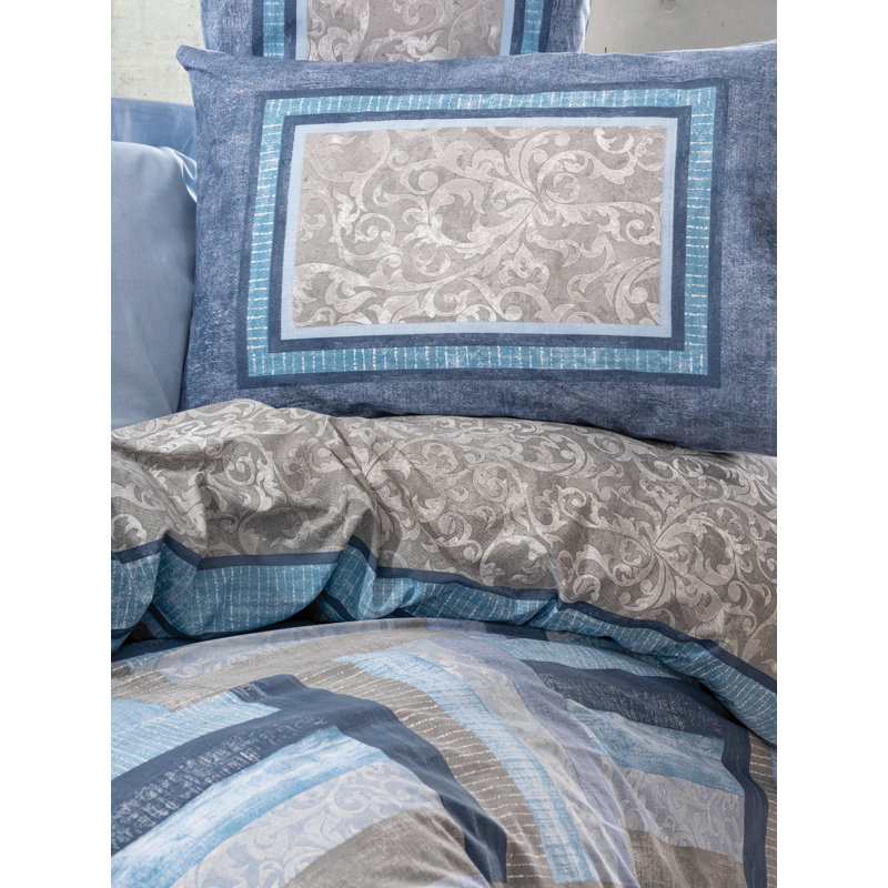 Ensemble de housse de couette 100% coton bleu / beige, Housse de couette simple + 1 taie d'oreiller 24 po