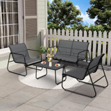 4 Pieces Patio Furniture Set, Outdoor Patio Furniture with Loveseat and 2 Single Textilene Fabric Chairs, Glass Coffee Table for Backyard Balcony Lawn