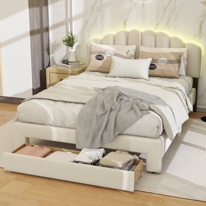 Teddy Fleece Queen Size Upholstered Platform Bed With Drawer, Beige
