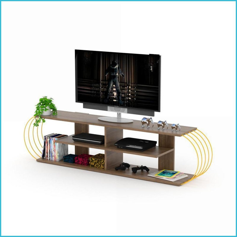 TV Furniture Mid Century Modern 68 Inch TV Stand with 4 Open Shelves, Walnut/Yellow | Walnut Finish | Fits Up to 68 Inch TVs