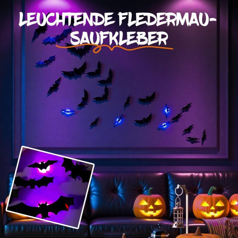 Halloween Bat, 2025 New 3D Bat Decoration with LED, Wall Sticker, Halloween Decoration, Party Decoration, Outdoor, Indoor (Pack of 12)
