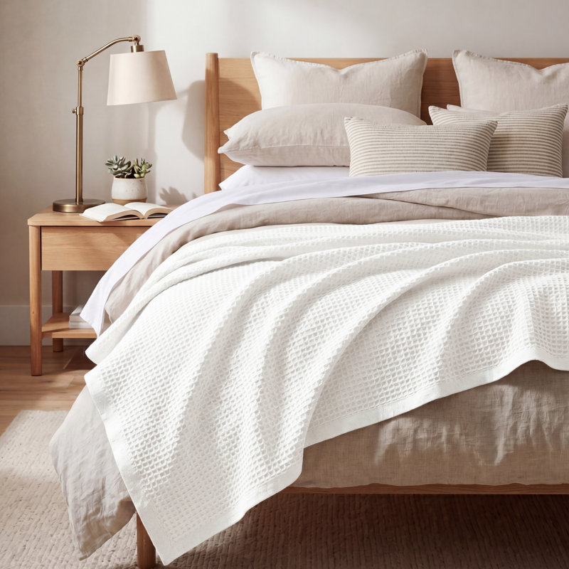 Jeté 100% coton 406 g / m² Literie respirant gaufré GentleSoft ™, Très grand simple, Blanc