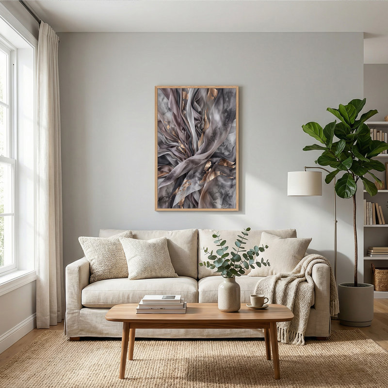 Toile tendue grise taupe avec détails de feuilles d'or, 24"H x 18"W