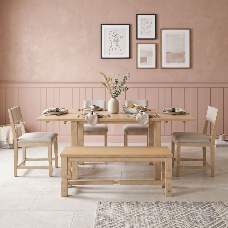 Ensemble de salle à manger extensible 6 pièces avec table rectangulaire, 2 rallonges amovibles, 4 chaises rembourrées et banc