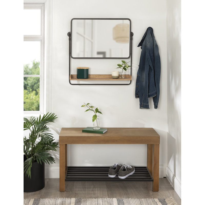 Rustic Brown and Black Rectangular Wall Mirror with Shelf
