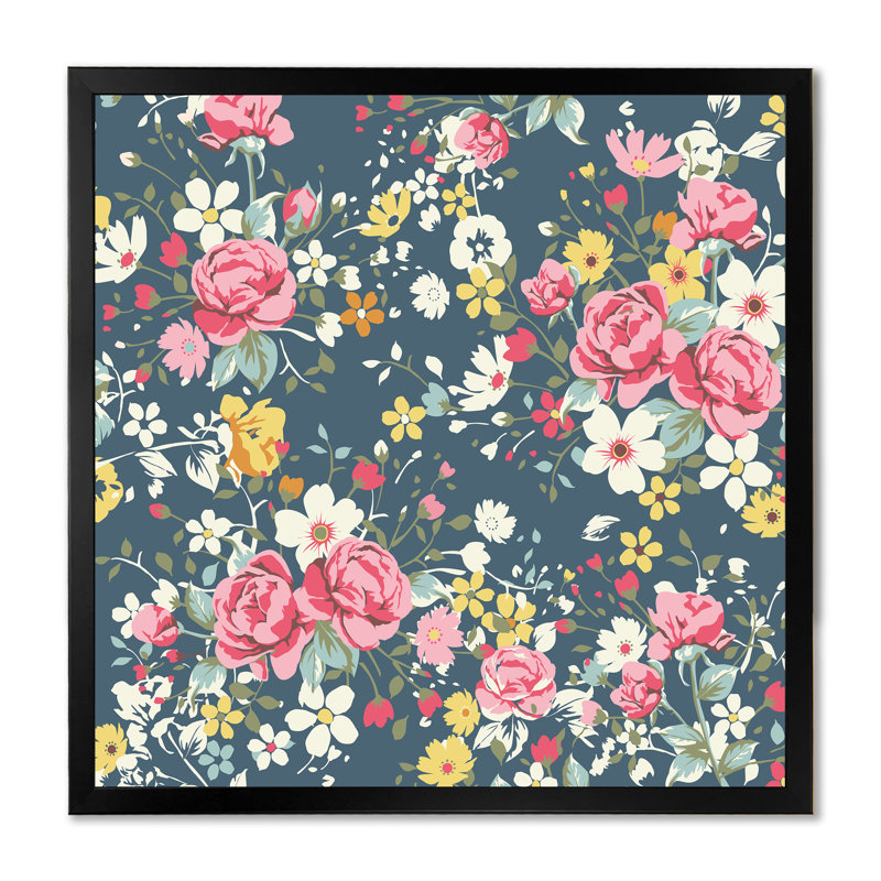 Roses rétro et jaune sur bleu marine - Impression sur toile, H 30 po x l 30 po, Cadre noir
