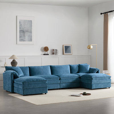 136" Chenille U Shaped Sectional Sofa Cloud Couch With Movable Ottoman by Latitude Run