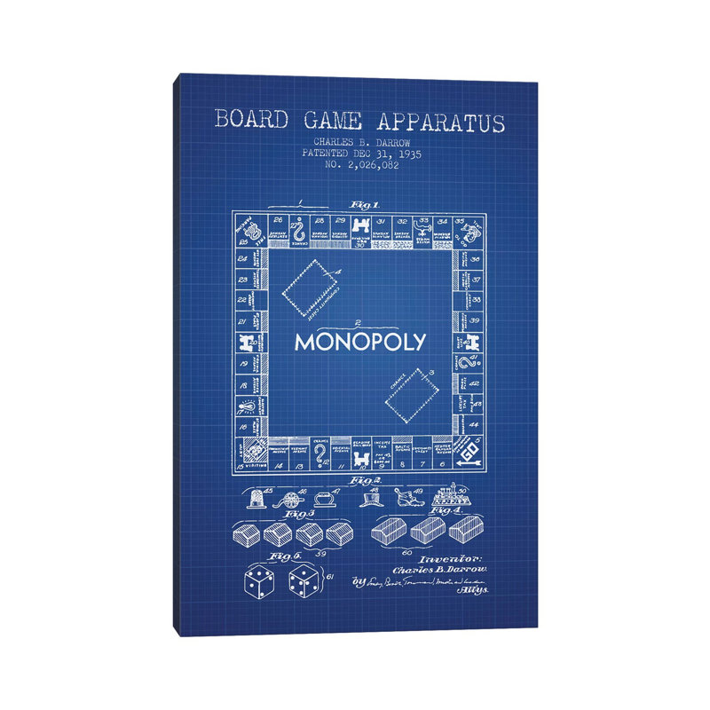 Charles B. Darrow Monopoly Patent Sketch (Blue Grid) by Aged Pixel - Wrapped Canvas Painting