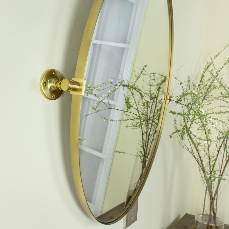 Aura 20'' W X 30'' H Brushed Gold Metal Framed Oval Pivoting Bathroom Mirror, Tilting Oval Vanity Mirror for Wall, Vertical Hanging