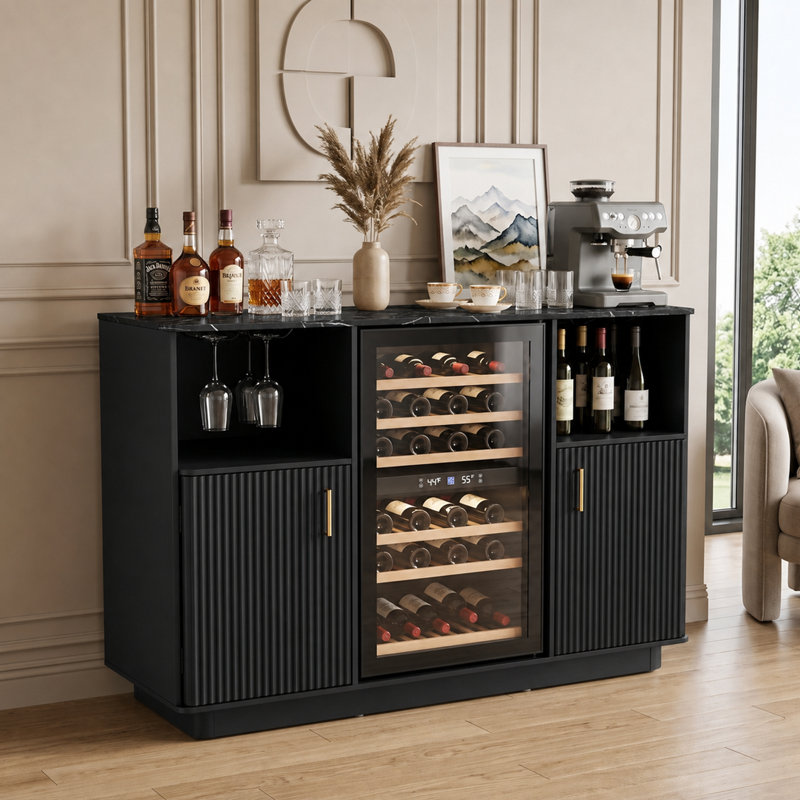 Meuble-bar de 53,5 pouces avec espace mini-réfrigérateur, meuble-bar à café avec station de recharge et tablettes ajustables