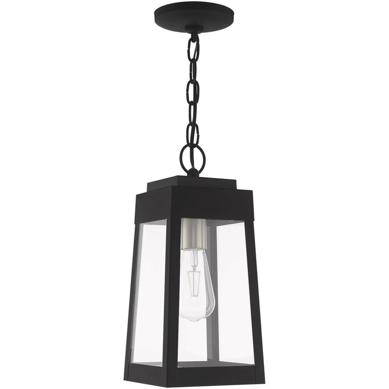 6.25in 1 Light Satin Outdoor Pendant Lantern Clear Glass Shade, Black/Nickel