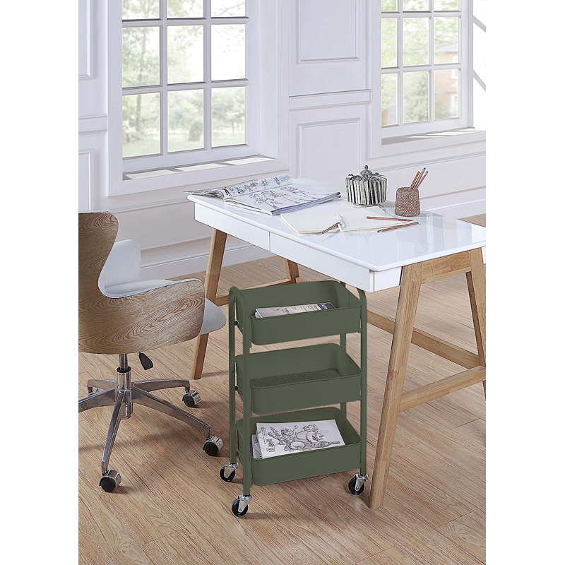 Army Green Metal 3-Tier Rolling Storage Cart