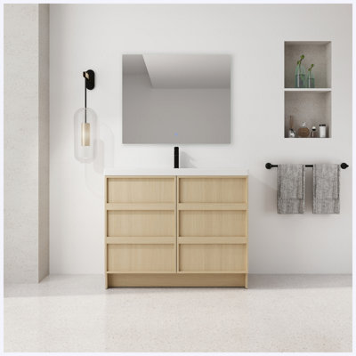 Meuble-lavabo autoportant de 42 po avec lavabo en résine, 2 portes d'armoire à fermeture en douceur, fabrication en contreplaqué, chêne Dune