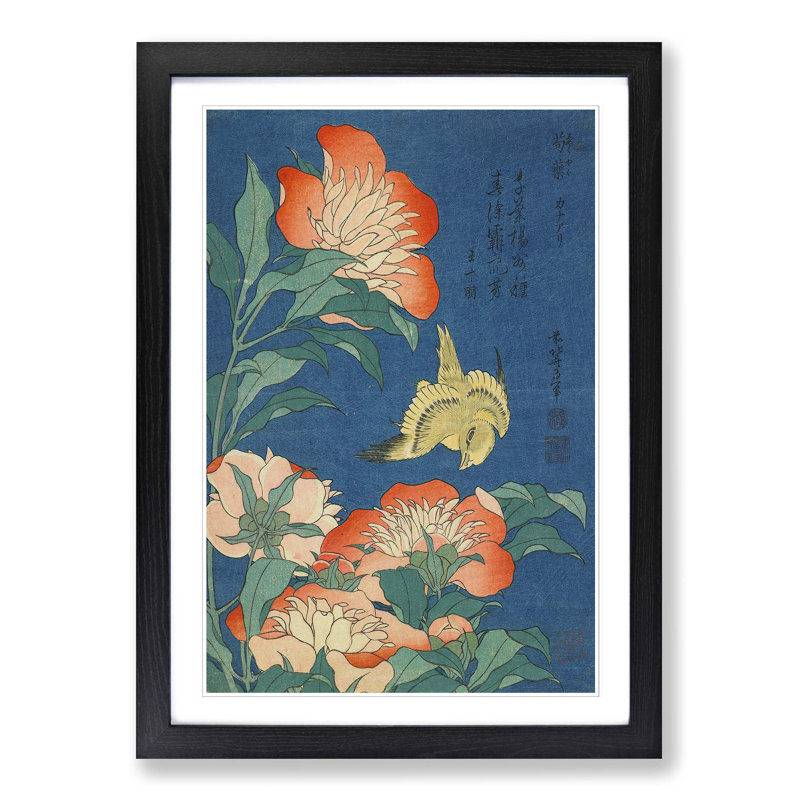 Canary and Peony by Katsushika Hokusai - Picture Frame Painting Print, Black Framed, 36cm H x 27cm W x 2cm D