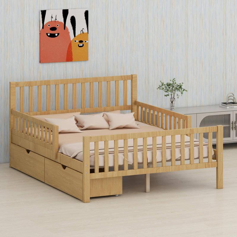 Low Profile Bed Frame Featuring Protective Rails and Under-Bed Storage