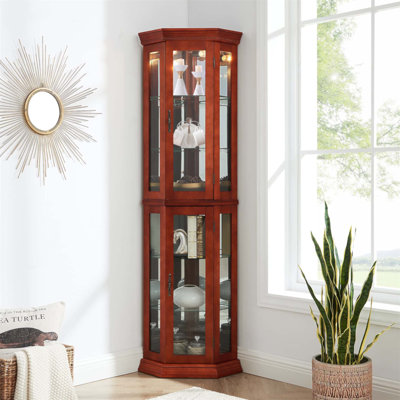 Corner Curio Cabinet with Lights, Adjustable Tempered Glass Shelves, Mirrored Back, and Elegant Display Storage