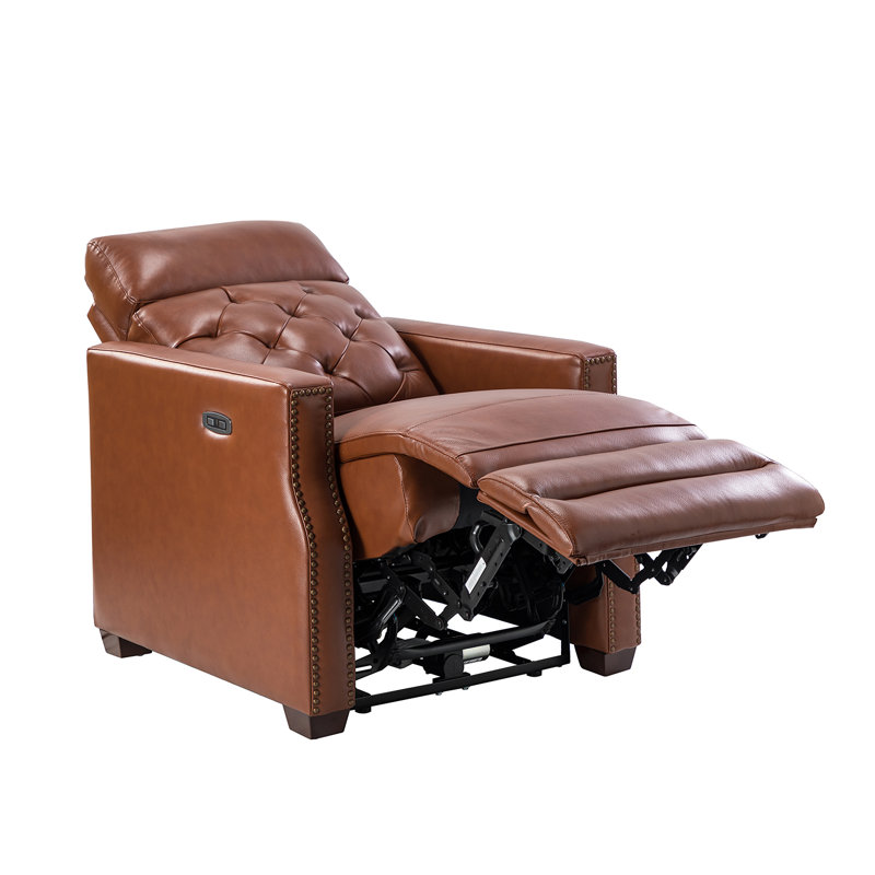 Gumesindo 31.50" Wide Genuine Leather Power Recliner, Brown Genuine Leather