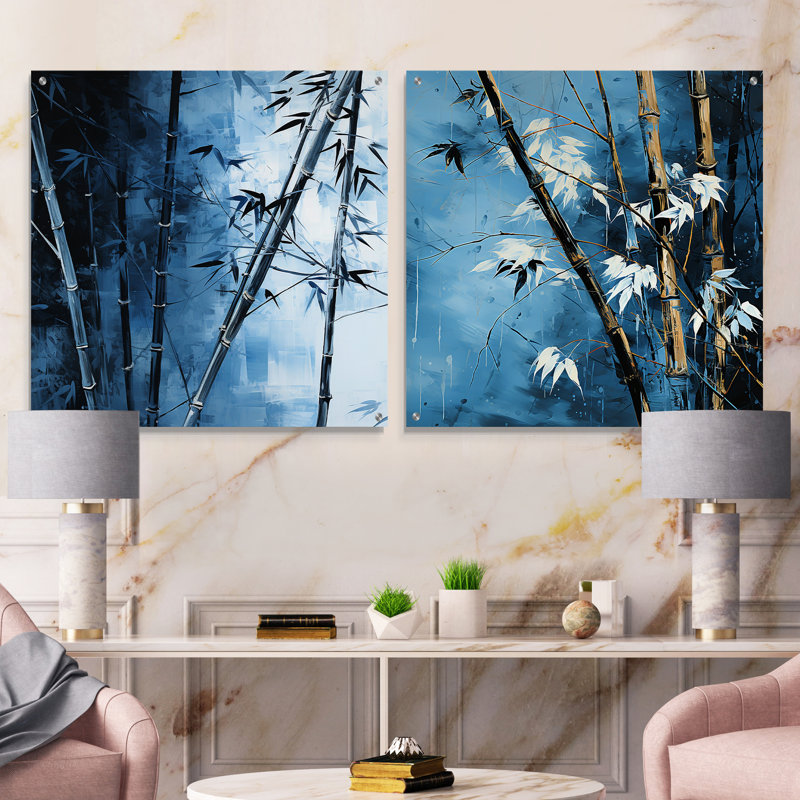Serenity in Blue Bamboo Forest - Ensemble de 2 verres muraux en acrylique, H 16 po x l 33 po