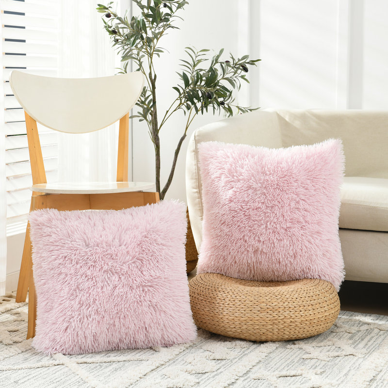 Housse de coussin carrée en fausse fourrure, H 24 po x l 24 po, Rose clair