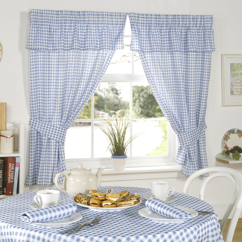 Molly Gingham Ruffled Kitchen Curtain, Blue, Width 116 x Drop 107 cm