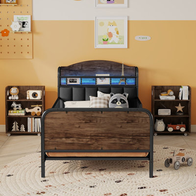 Structure de lit plateforme simple en métal noir avec lumière DEL - tête de lit tapissier et tablettes de rangement escamotables
