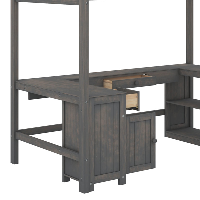 Full Size Loft Bed With U-Shaped Desk, Drawers And Shelves, Antique Brown