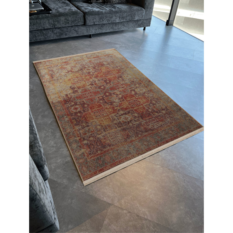 Tapis décoratif rouge à motif géométrique multicolore, Tapis de couloir 3 pi 3,37 po x 6 pi 6,74 po