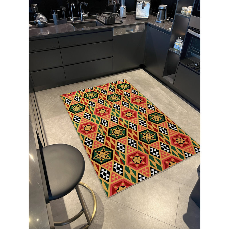 Tapis décoratif vert et jaune à motif géométrique triangulaire, Rectangle 3 pi 11,24 po x 5 pi 10,87 po