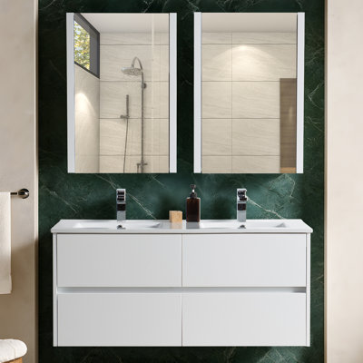 48'' Floating Bathroom Vanity Set with Double Ceramic Sinks & Medicine Cabinet, Soft-Close U-Shaped Drawers - Glossy White, All-Wood Construction