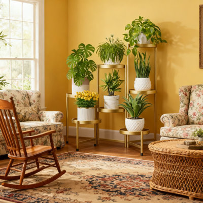Support à fleurs à 7 niveaux pour l'intérieur et l'extérieur, support à fleurs robuste en métal avec larges plateaux ronds, tablette pliante à plusieurs niveaux pour un affichage peu encombrant