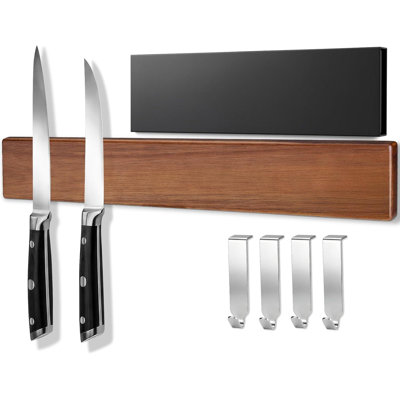 Magnetic Knife Holder for Wall, 16 Inch Acacia Wood Knife Strip, 4 Hooks No-Drill Adhesive, Screw & Fridge Mount Options, Strong Magnetic Hold for chefs and small kitchens, saving space