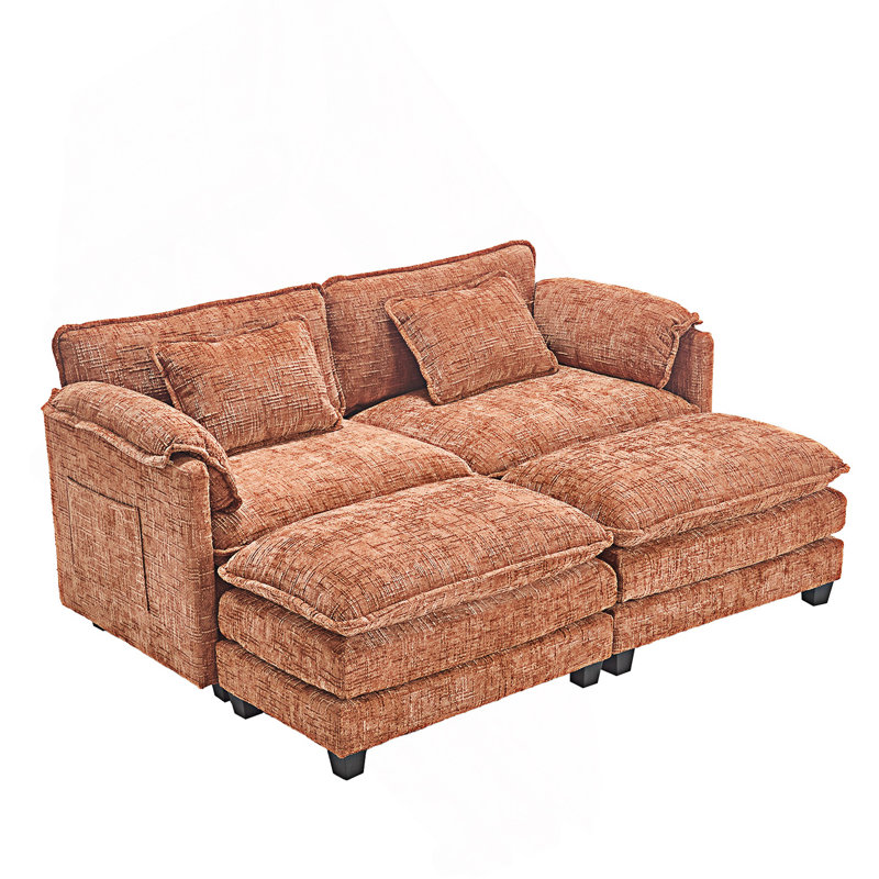 Zuri Upholstered 2-Seater Sectional Sofa with Ottomans, Orange Chenille