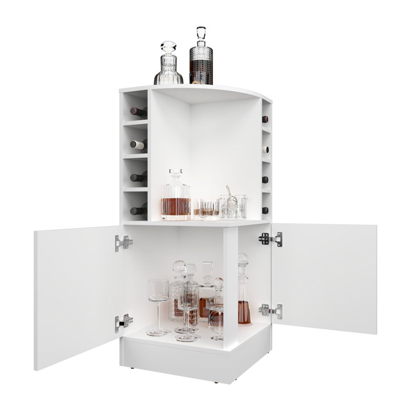 White 42" Tall Corner Bar Cabinet - 8 Wine Bottle And Double Door Modern Living Storage 43" With &, White