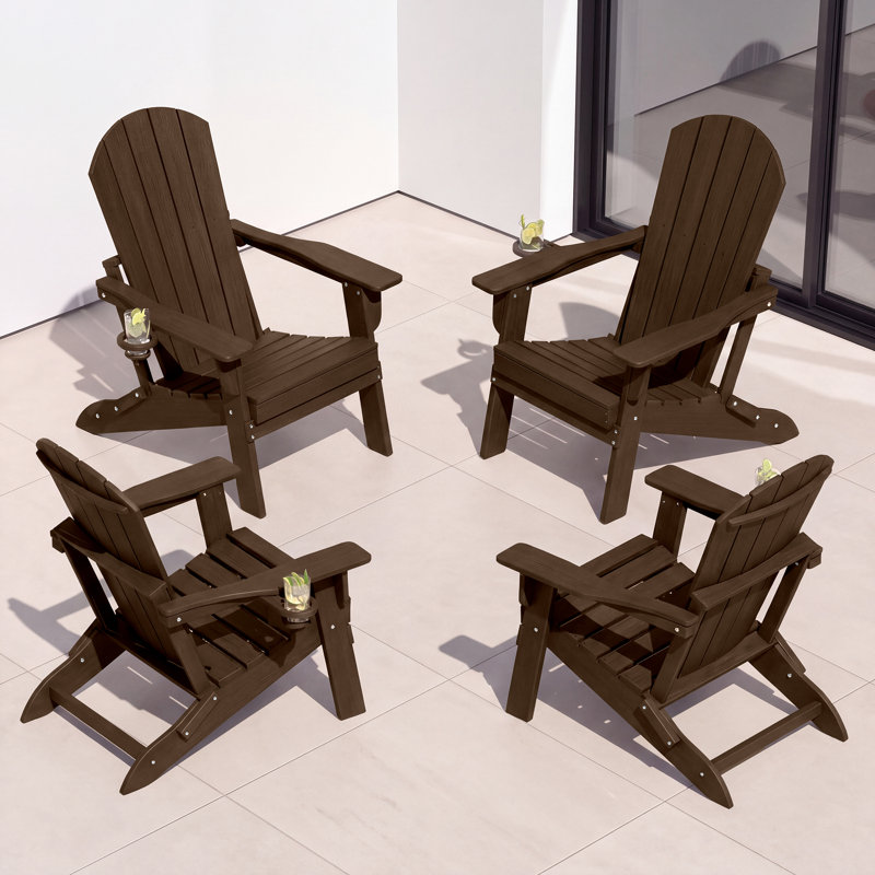 Set of 4 Folding Adirondack Chairs, Wood Texture, Cup Holder, All-Weather HDPE, Coffee