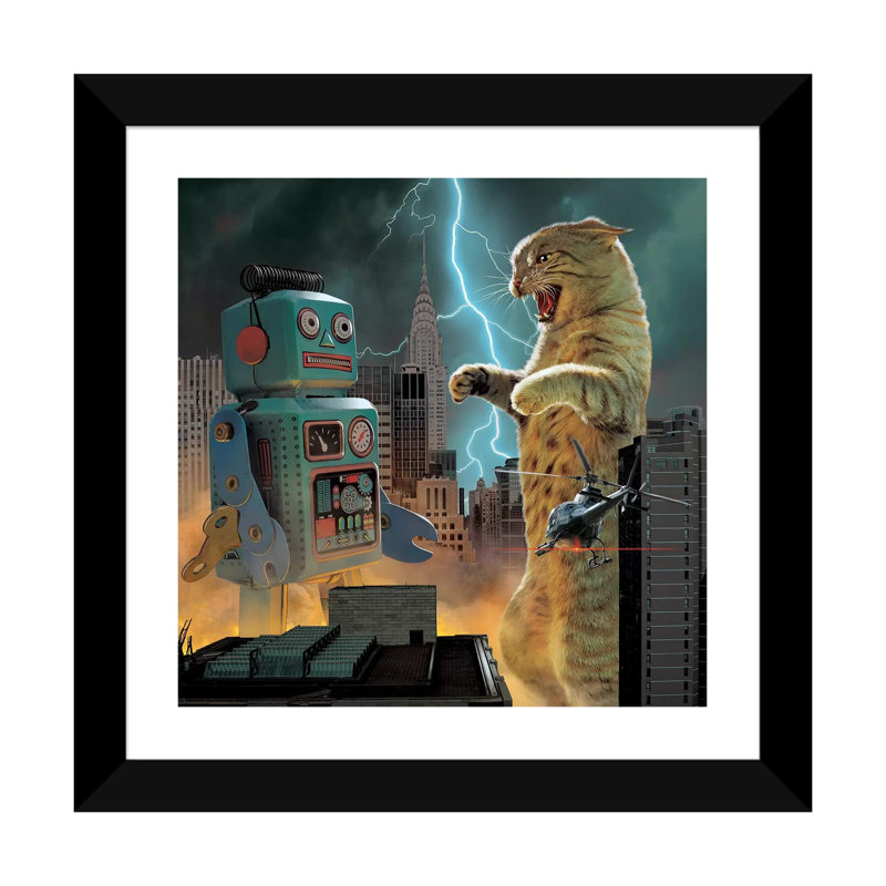 " Catzilla Vs Robot " by Vincent Hie, 16" H x 16" W x 1" D, Black Framed Paper