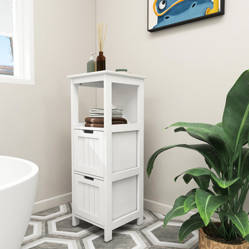 Armoire de salle de bain en blanc - 2 tiroirs profonds et 1 tablette pour organiser les articles de toilette et les serviettes