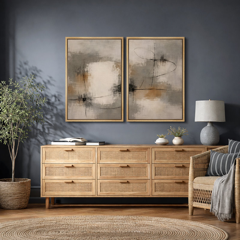 Soft Neutral Abstract Artwork with Linear Black Accents, Living Room Pictures, Framed Canvas Giclee Print Wall Art