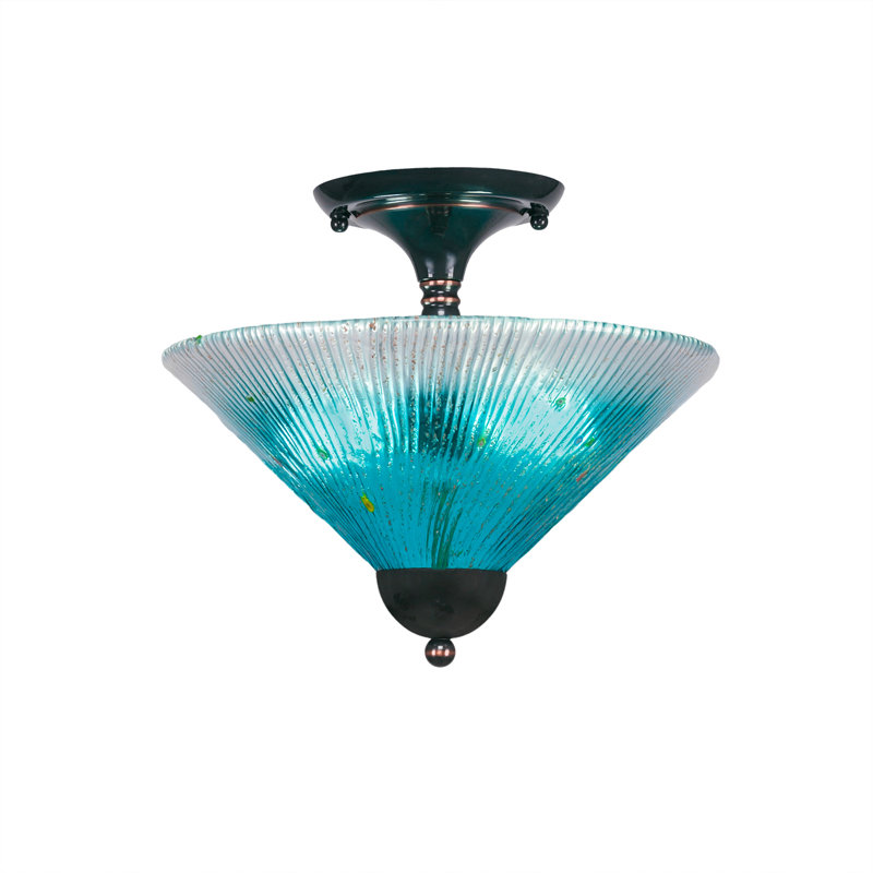 Semi-Flush 2 Bulbs With 12" Glass, Teal, Matte Black