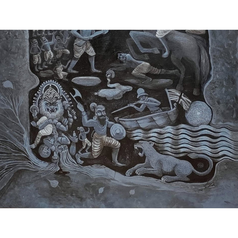 «Tamil Story - Large Indian Folk», art sur toile acrylique par Harshad Godbole, décoration murale monochrome, 60 po x 36 po