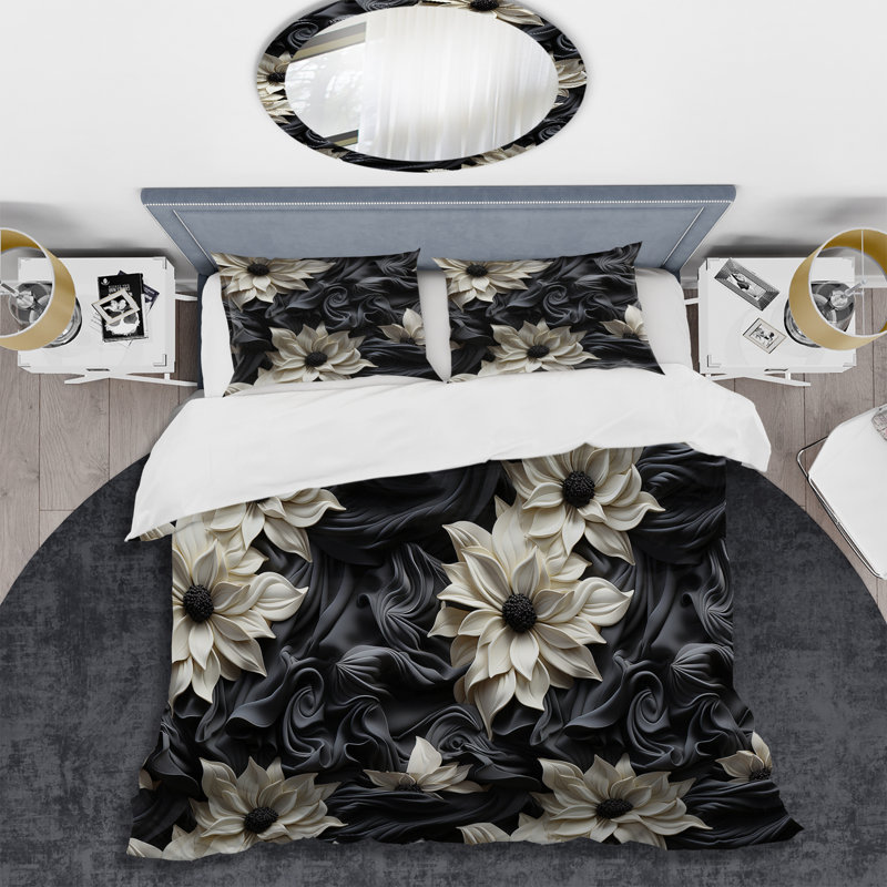 Ensemble de housse de couette en microfibre blanc / gris White And Grey Symphony Of Petal Gardens