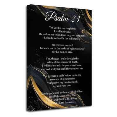Psaume 23, art mural, versets de la Bible chrétienne, citations inspirantes, impressions sur toile, affiche de l'écriture abstraite, texture de marbre doré noir, décoration de la salle de prière (noir, (36L x 24W))