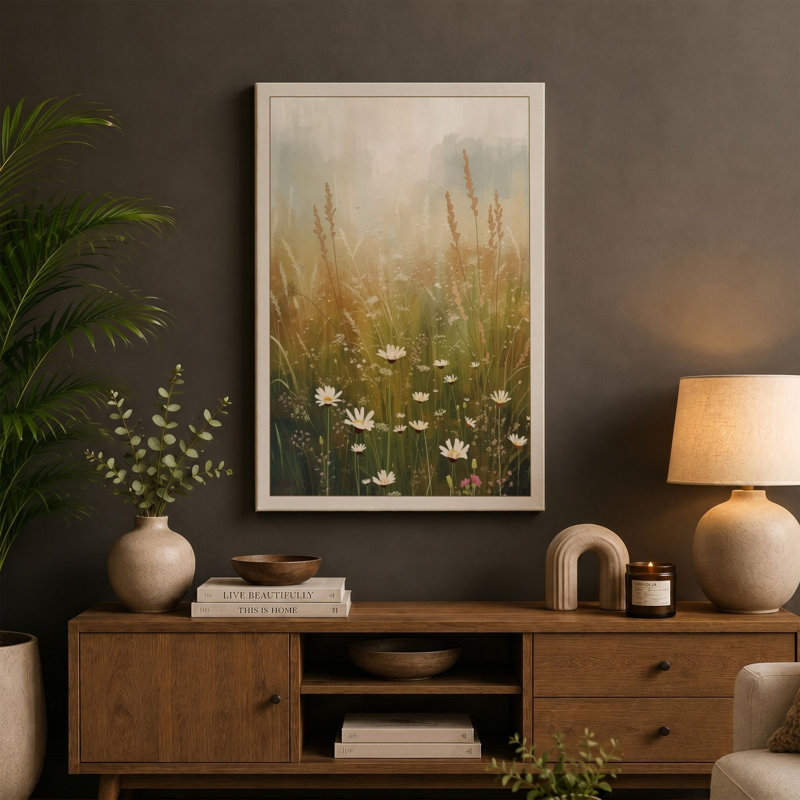 Misty Meadow Botanical - Wrapped Canvas, 36x24 - 91.4 x 61.0 cm, Taupe Border