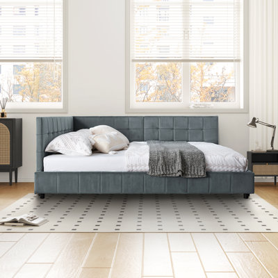 Reversible L-Shape Upholstered Platform Bed With Velvet Fabric Design by Mercer41