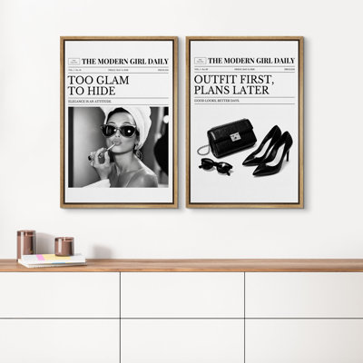 The Modern Girl Daily Glam Fashion Newspaper Quote Portrait Wall Art Decor Framed On Canvas 2 Pieces Print