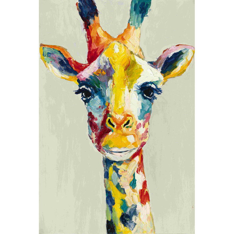 Girafe peignant avec des lèvres - peinture sur toile tendue, H 48 po x l 32 po