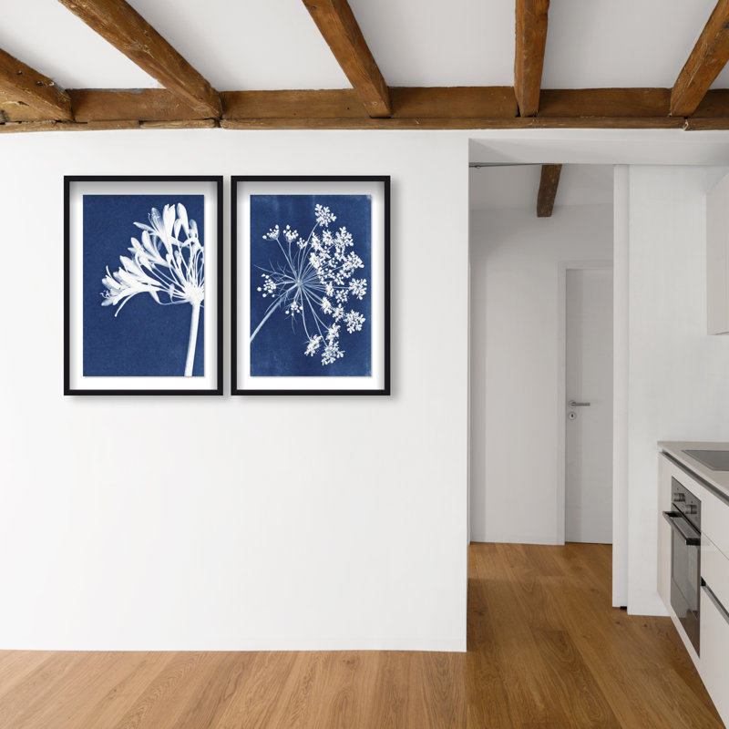 Cyan Flowers Set Shadowbox Floral & Botanical Print by Oliver Gal, Black Frame, 10 x 15, 25.5"H x 37.5"W, Black Shadowbox