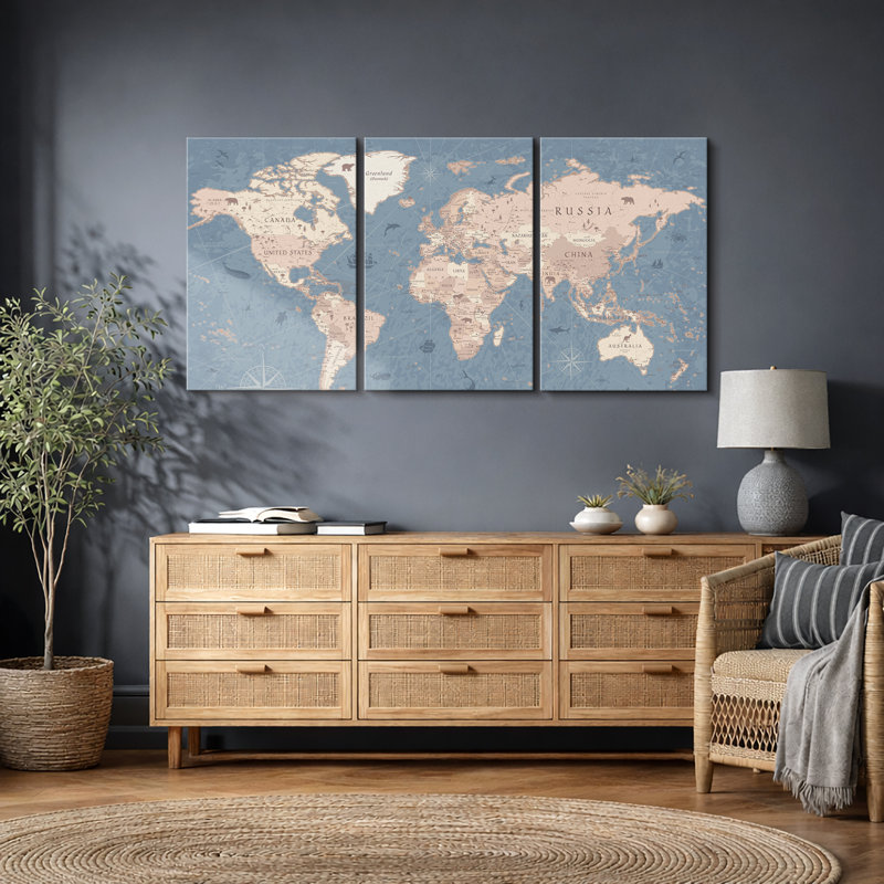 Carte du monde «Blue Global Antique Atlas, Toile tendue, H 36 po x l 72 po, Sans cadre